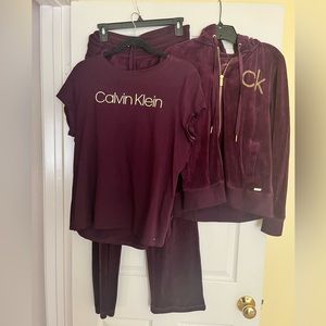Calvin Klein Maroon Velour Sweatshirt, Tee Shirt and Matching Sweatpants. $60
